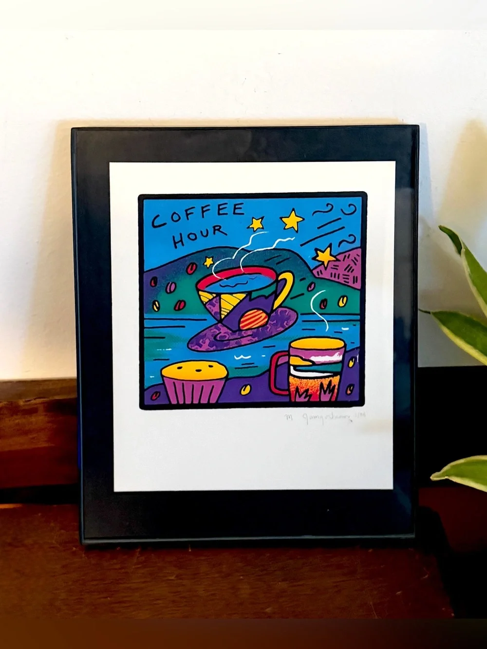 Coffee Hour Signed 1/94 Colorful Pop Art Print Framed Vintage 90’s M Jamgorhian